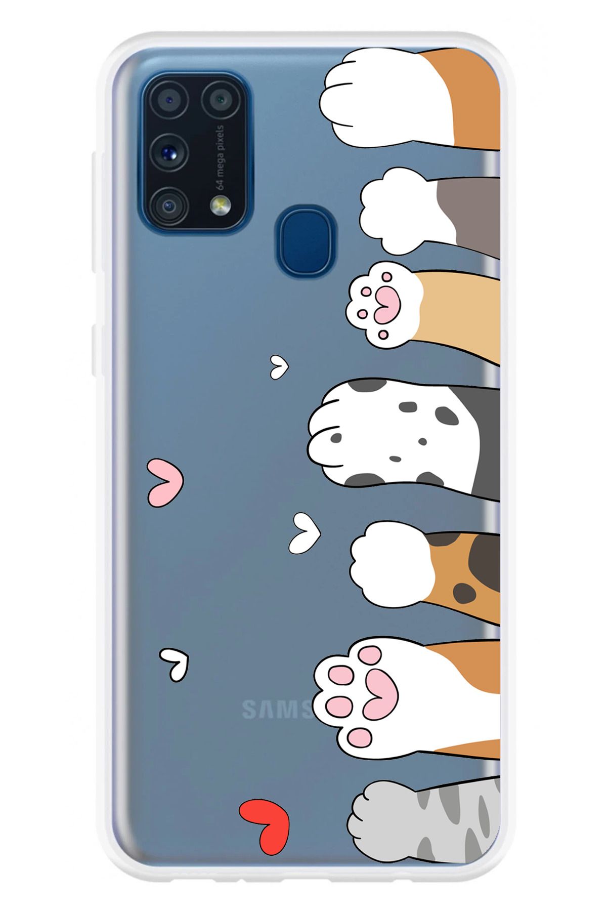 TechTree Samsung Galaxy M31 Uyumlu Sevimli Kedi Patiler Tasarımlı Şeffaf Silikon Kılıf