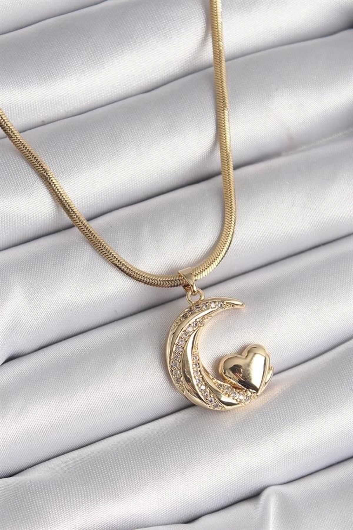 Lale Moda 316L Çelik Gold Renk Çelik İtalyan Zincir Zirkon Taşlı Halil Figür Kalp Detay Kadın Kolye