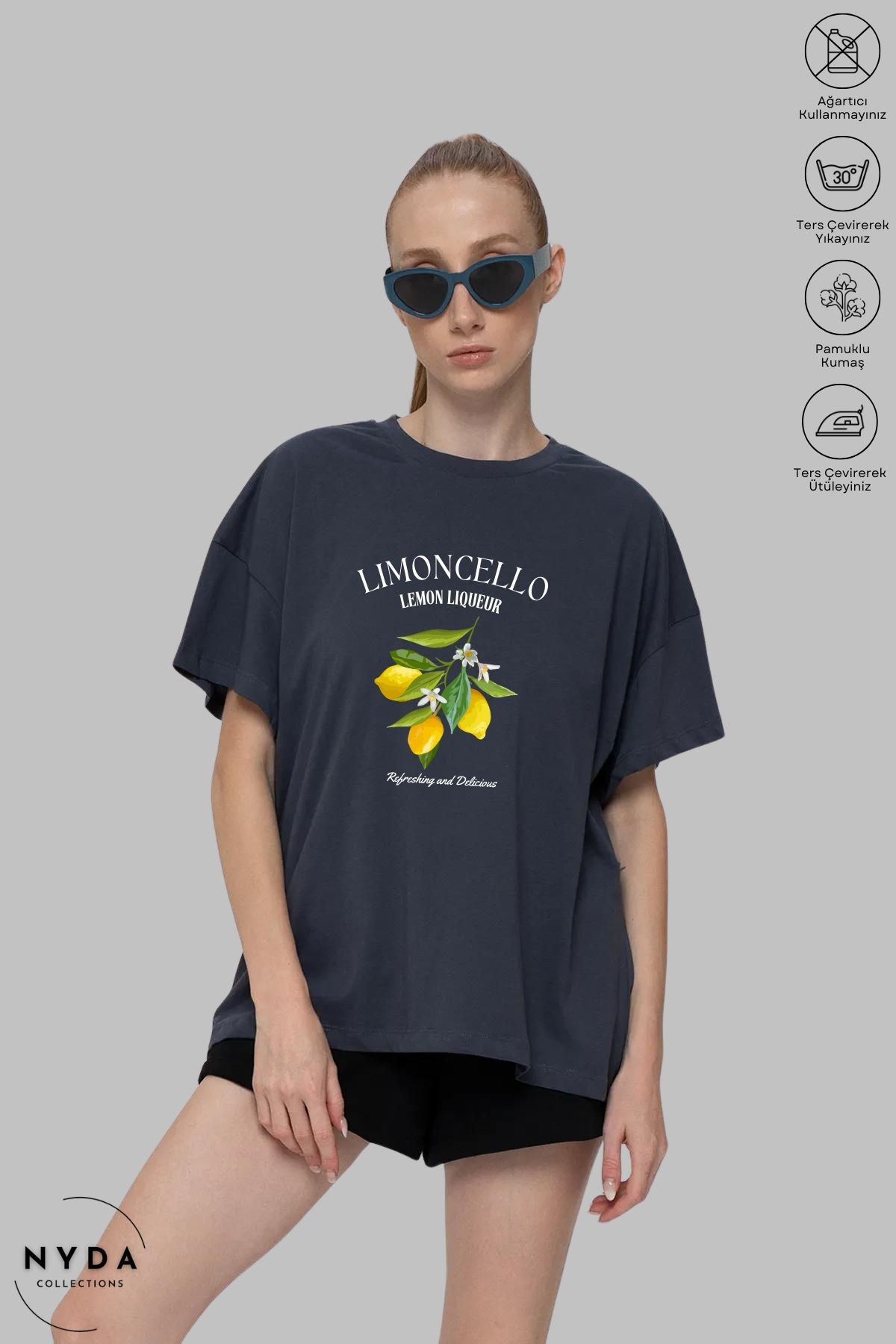 Nyda Collections Unisex Bisiklet Yaka Limon Baskılı Pamuk Oversize Kısa Kollu Tişört