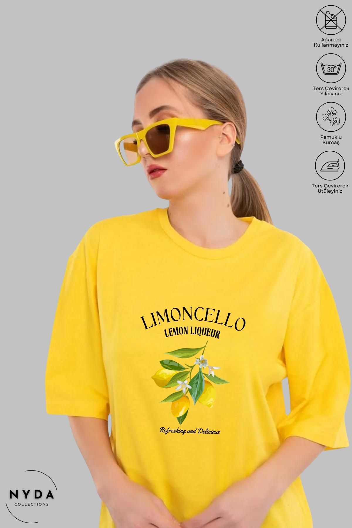 Nyda Collections Unisex Bisiklet Yaka Limon Baskılı Pamuk Oversize Kısa Kollu Tişört