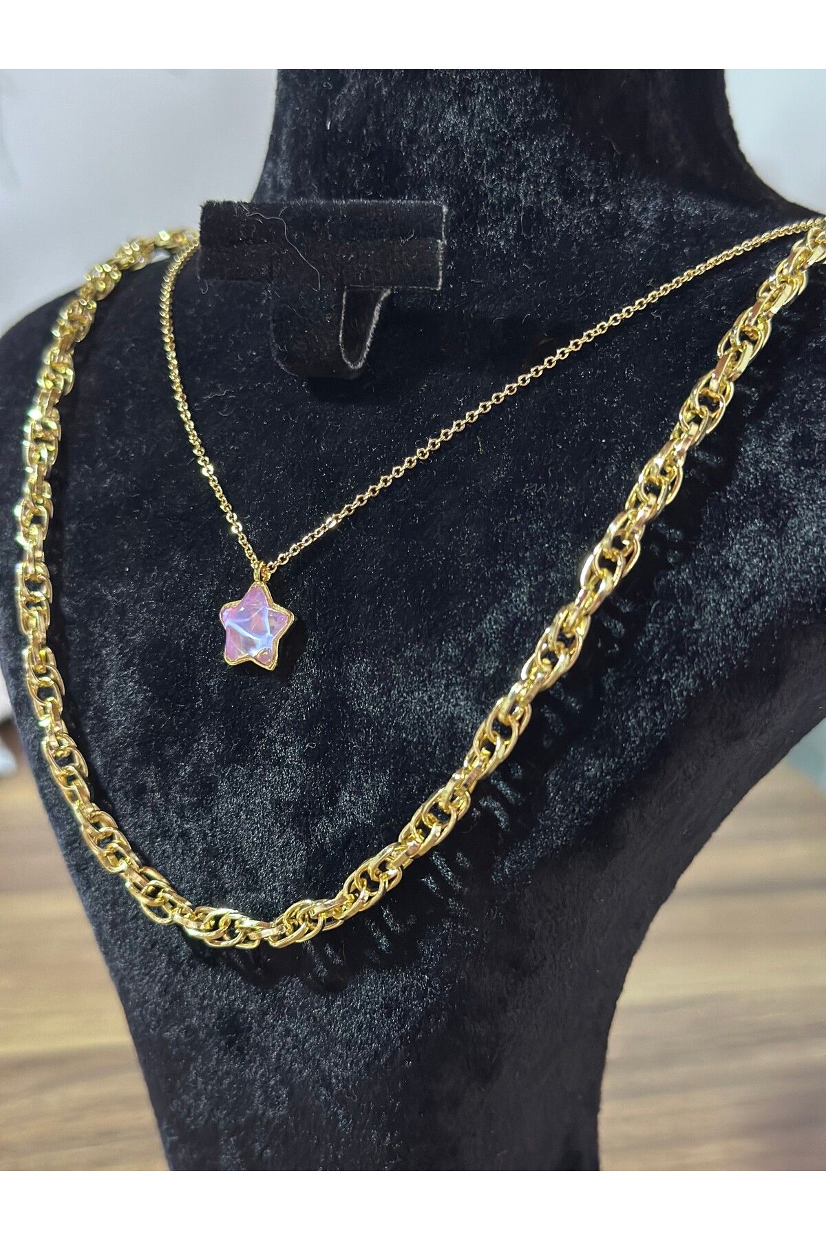 Accessories Gold Renk Çift Zincirli Mor Renk Kalp Taşlı Kolye