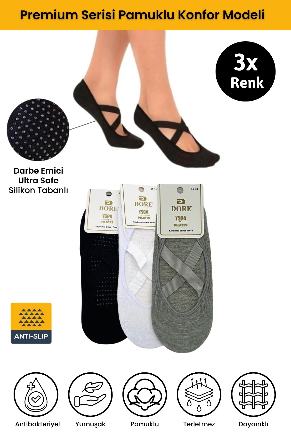 Dore 3 Perechi De Șosete Anti-alunecare Pentru Femei Originale Pentru Pilates Yoga Plăci De Dans Talpă Anti-alunecare Pentru Balet 3 X Culori Femeie -