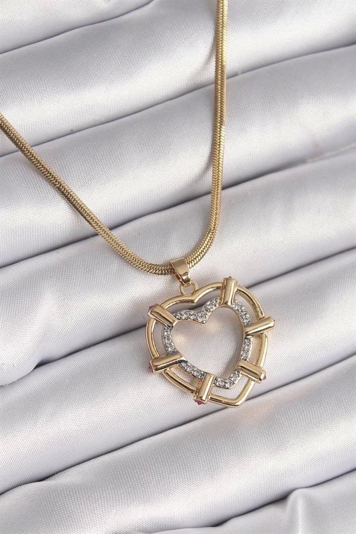 Lale Moda 316L Çelik Gold Renk İtalyan Zincir Mix Renk Zirkon Taşlı Kalp Model Kadın Kolye