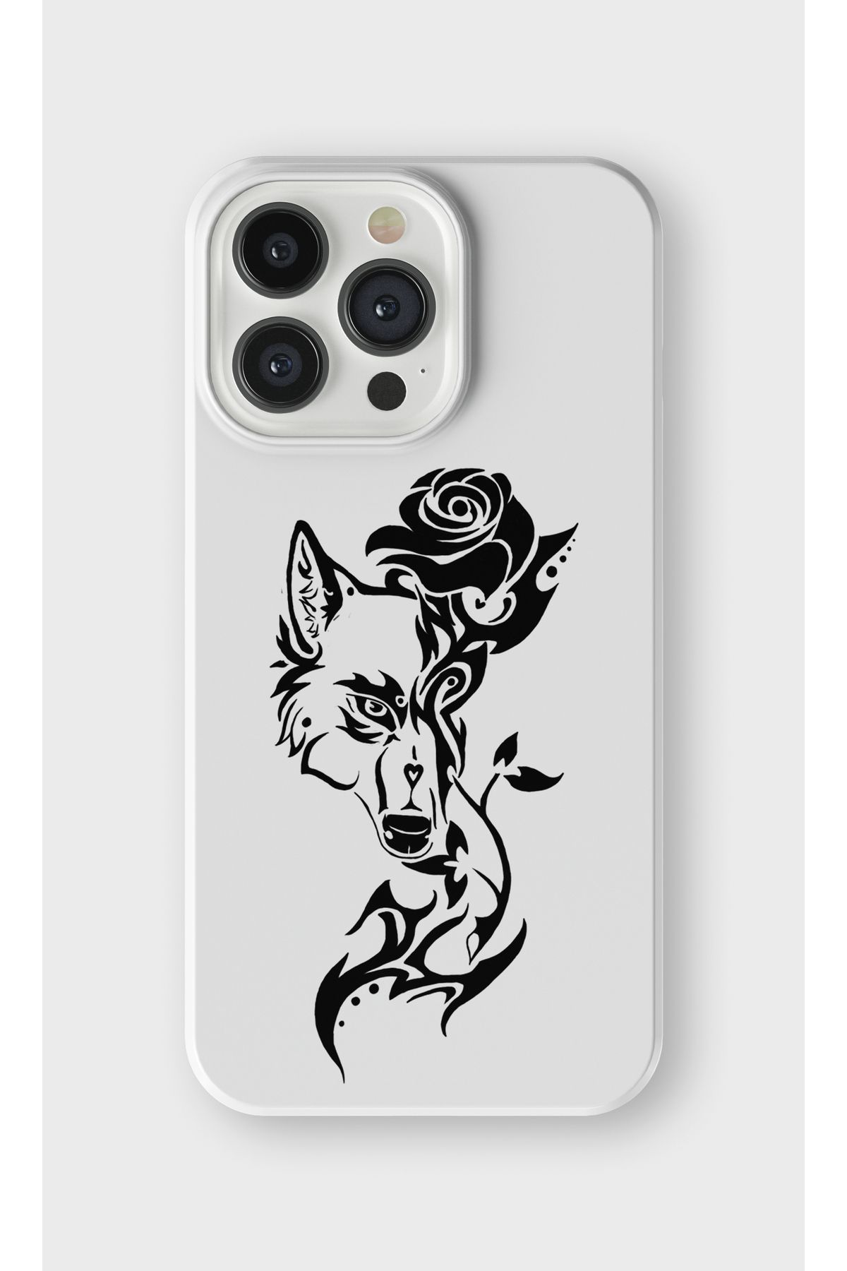 lelia iPhone 13 Pro Max Uyumlu Gül ve Kurt Tasarımlı İçi Kadife Lansman Beyaz Silikon Kılıf