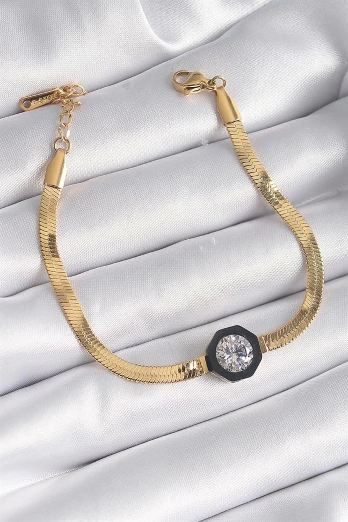 Lale Moda 316L Çelik Gold Renk Zirkon Taşlı İtalyan Zincir Model Kadın Bileklik