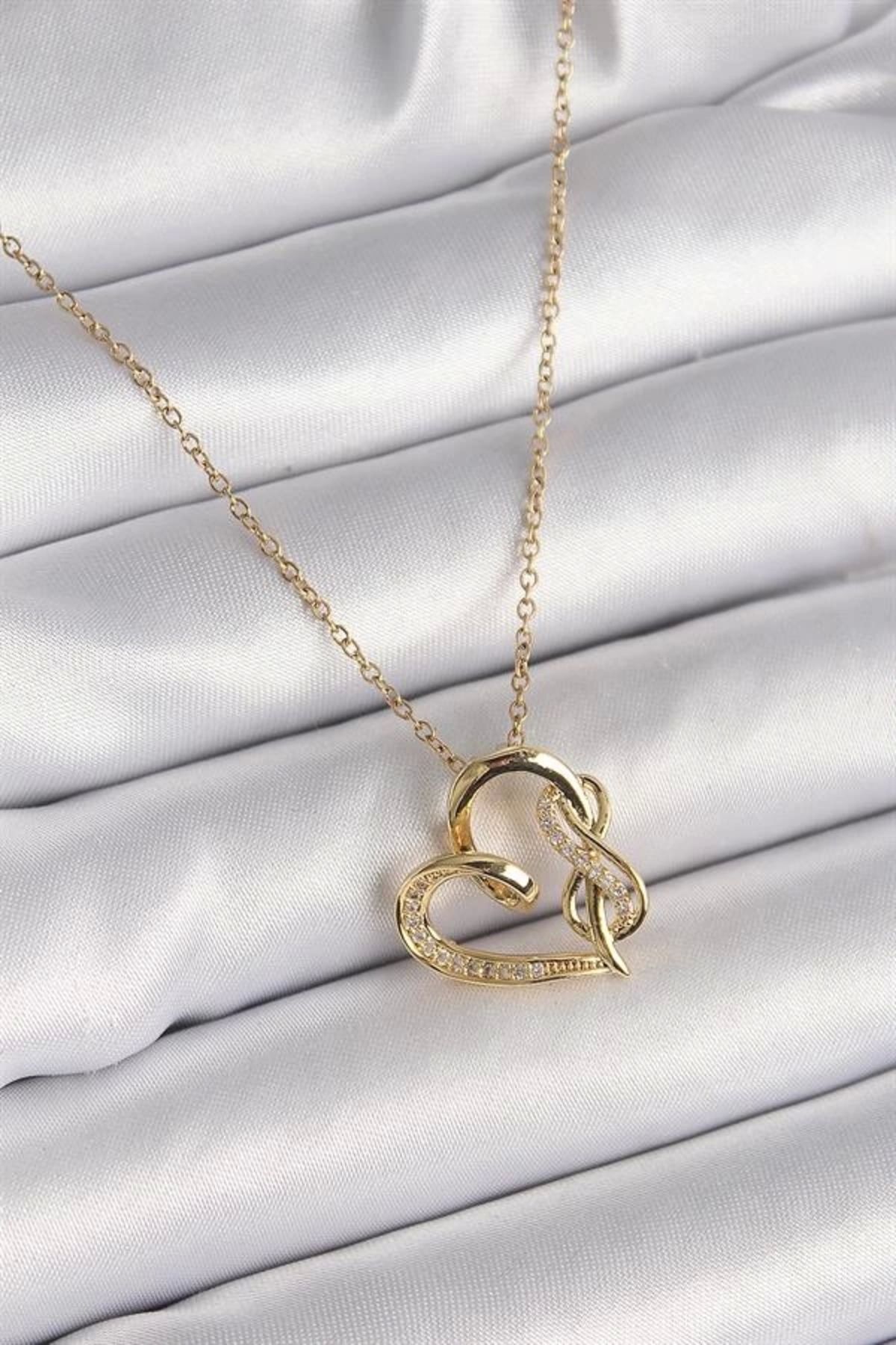 Lale Moda 316L Çelik Gold Renk Zincir Zirkon Taş Detaylı Kalp Model Sonsuzluk Detay Kadın Kolye