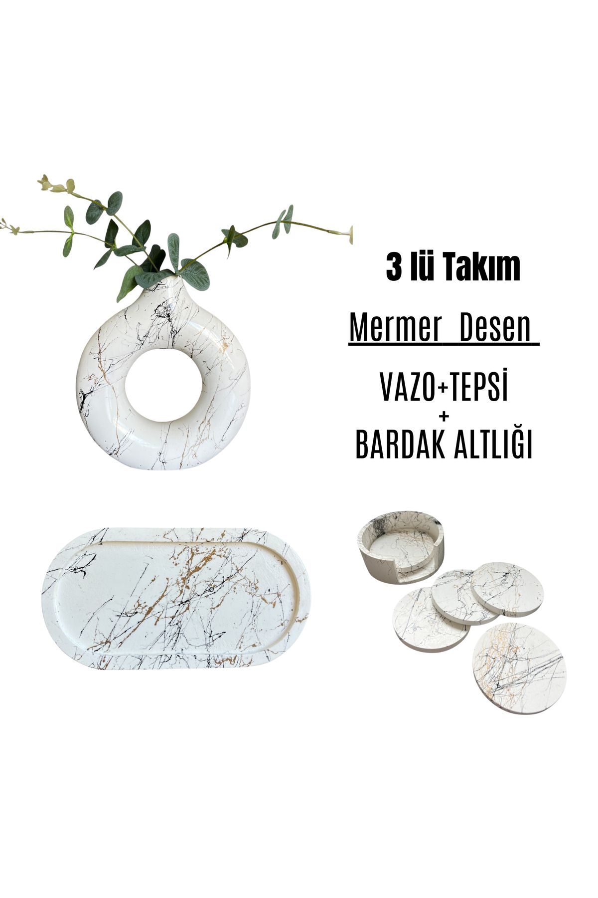 ardesta Mermer Desenli Vazo, Takı Sunum Tabağı ve Bardak Altlığı Seti | Modern Ev Dekoru ve Şık Hediye