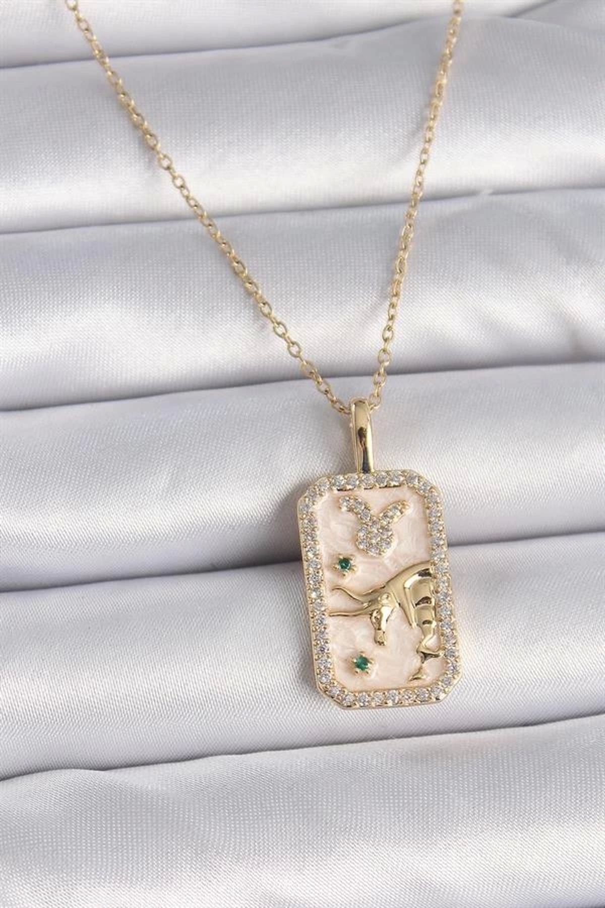 Lale Moda 316L Çelik Gold Renk Zincir Boğa Burcu Zirkon Taşlı Kadın Kolye