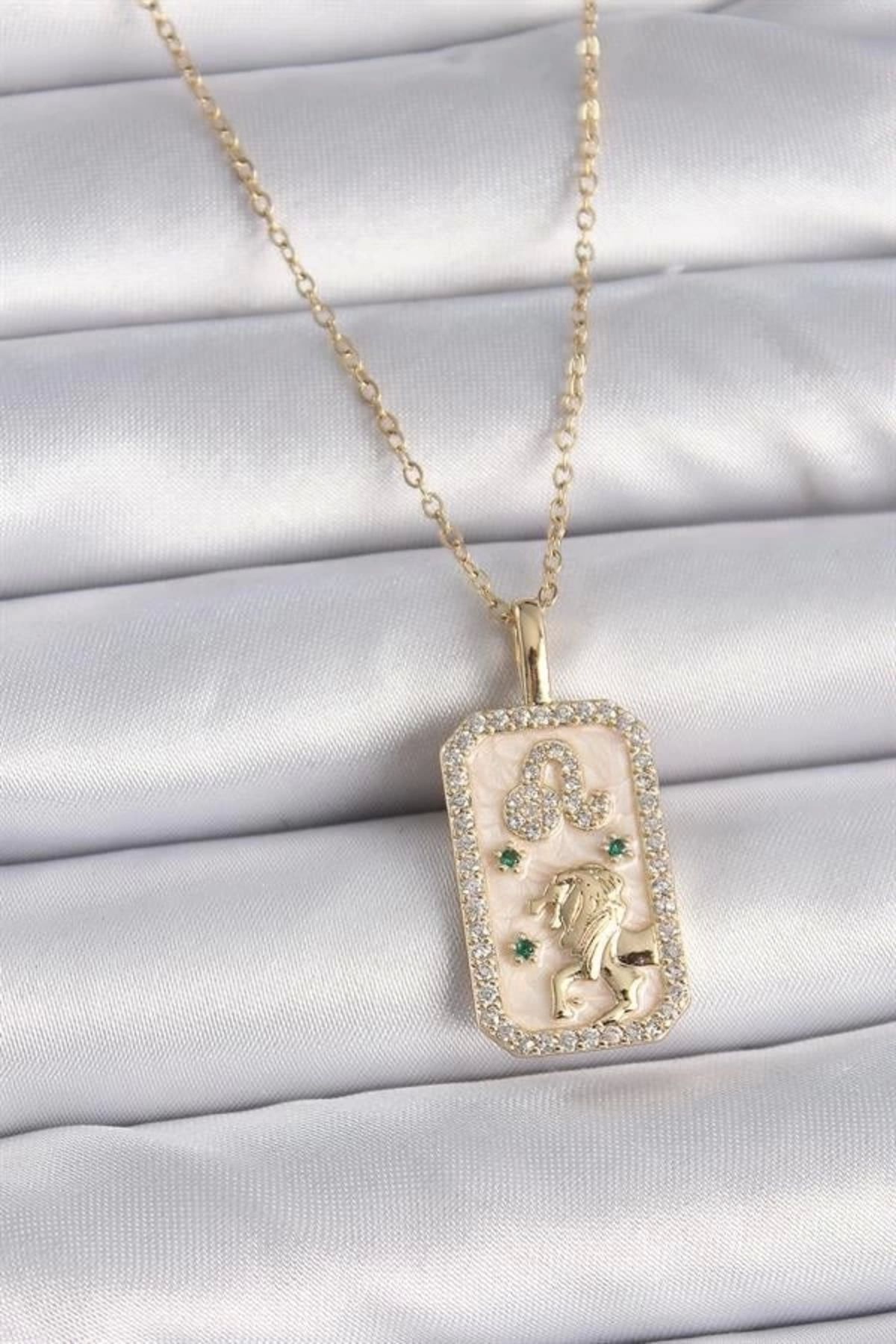 Lale Moda 316L Çelik Gold Renk Zincir Aslan Burcu Zirkon Taşlı Kadın Kolye