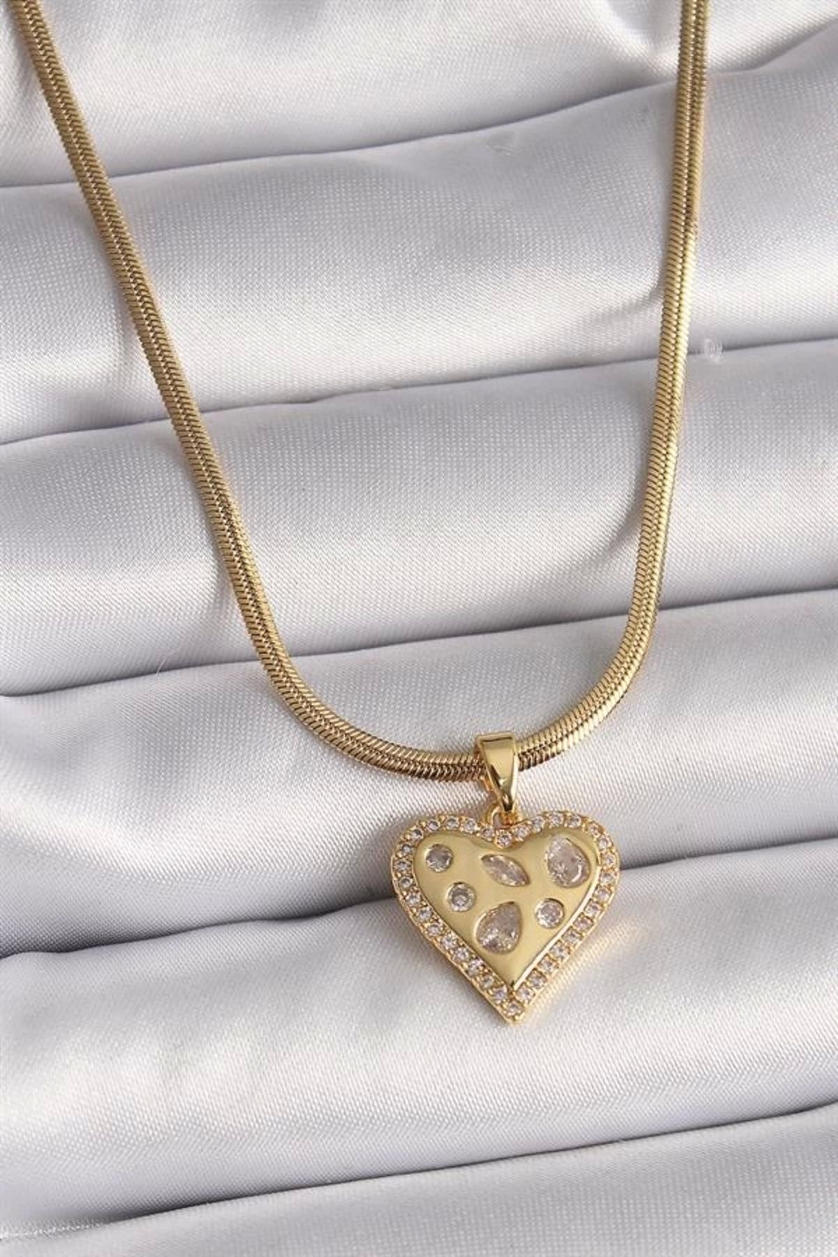 Lale Moda 316L Çelik Gold Renk İtalyan Zincir Zirkon Taşlı Kalp Figür Kadın Kolye