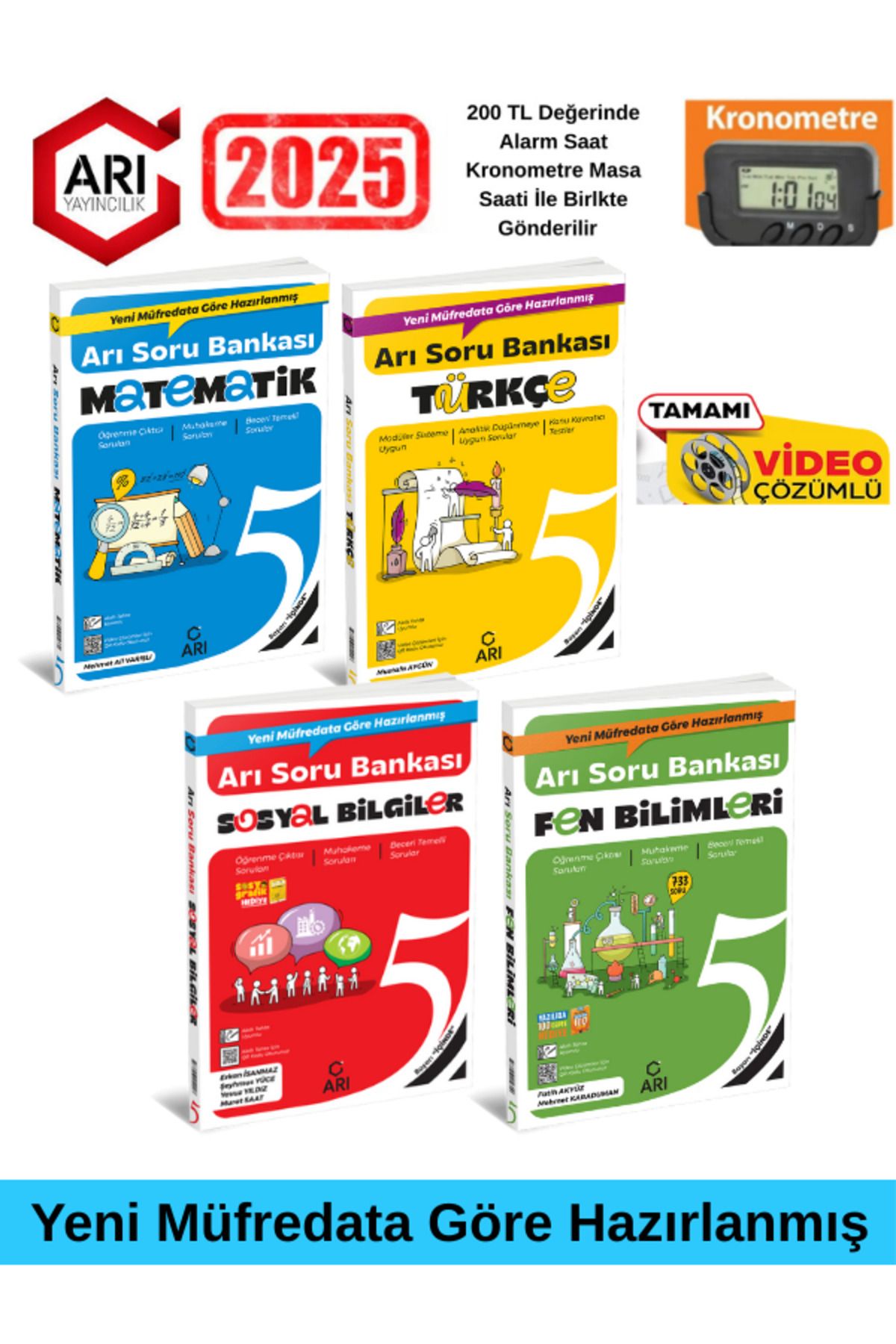 Arı Yayıncılık 5.Sınıf Matematik-Türkçe-Fen-Sosyal %100 Yeni Müfredat Video Çözümlü Soru Bankası+Kronometre