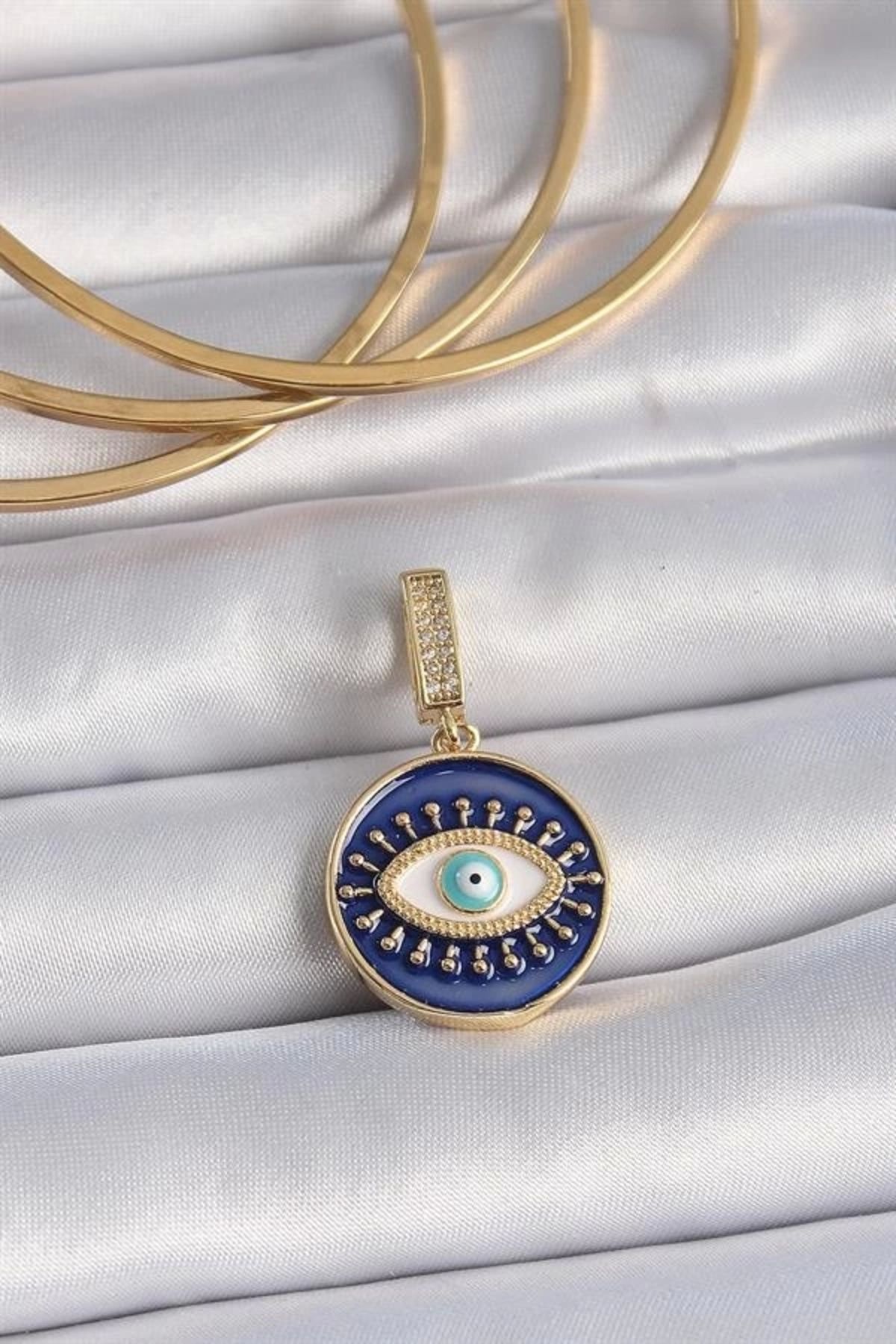 Lale Moda Pirinç Gold Renk Zirkon Taşlı Nazar Boncuk Detaylı Göz İşlemeli Ajda Charm