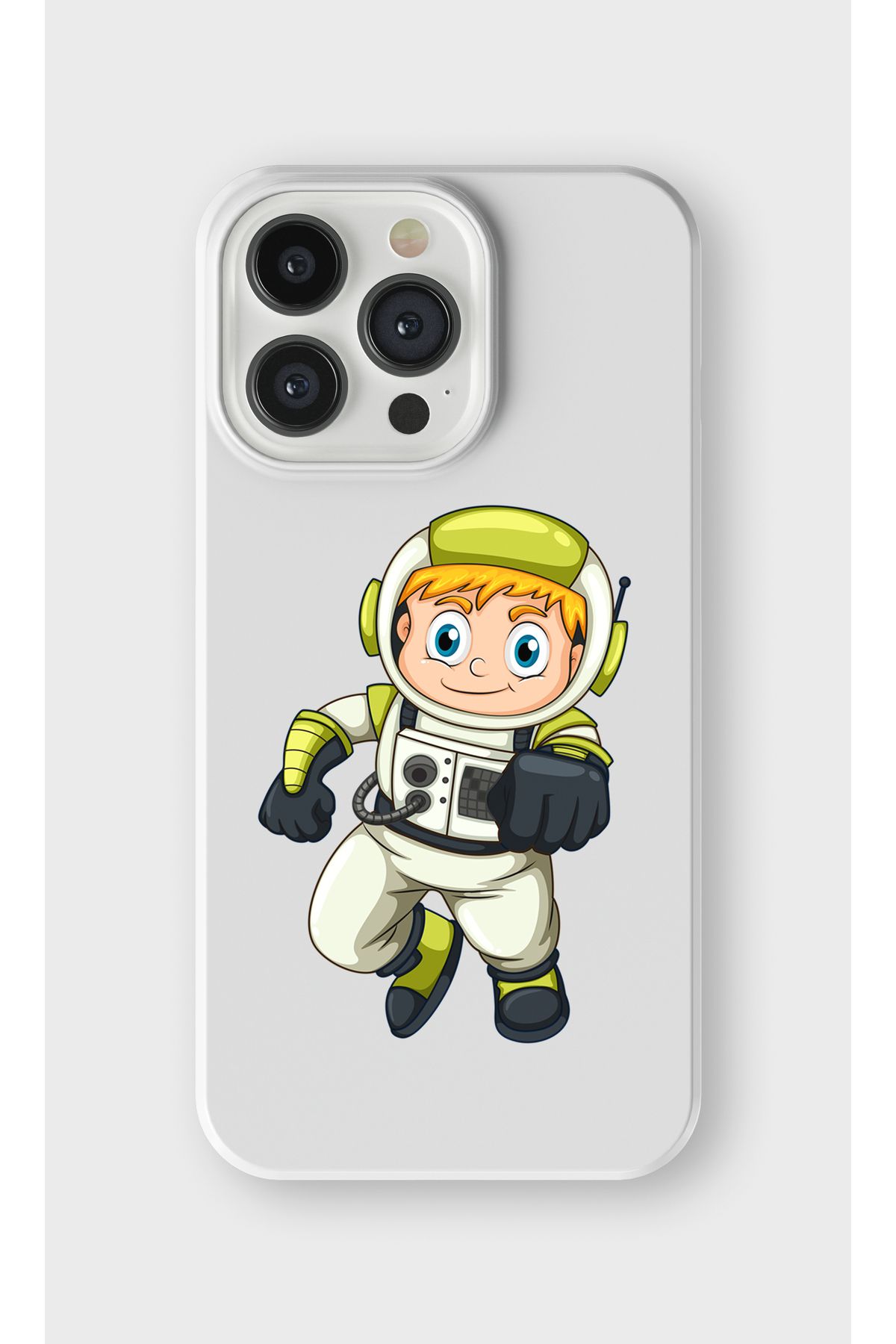 lelia iPhone 14 Pro Uyumlu Astronot Tasarımlı İçi Kadife Lansman Beyaz Silikon Kılıf