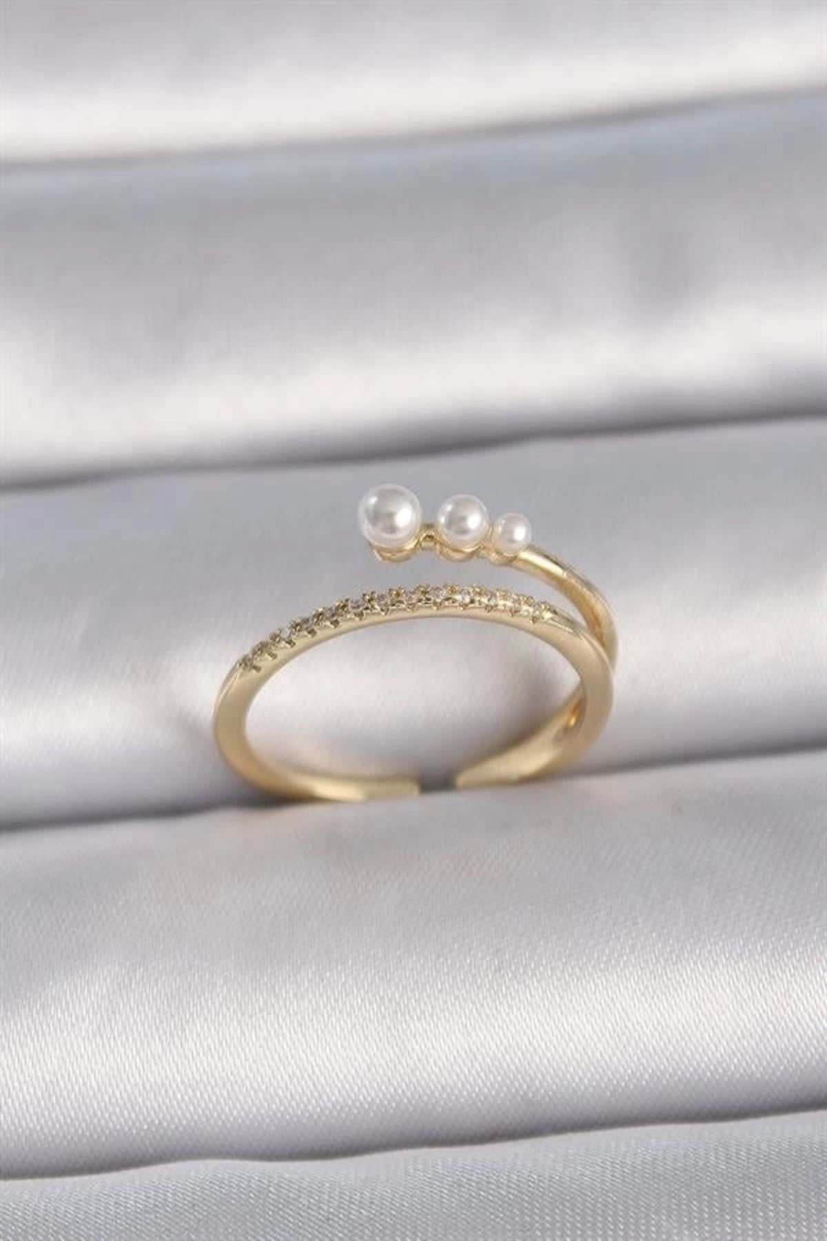 Lale Moda Pirinç Gold Renk Ayarlanabilir Zirkon Taşlı İncili Model Kadın Yüzük