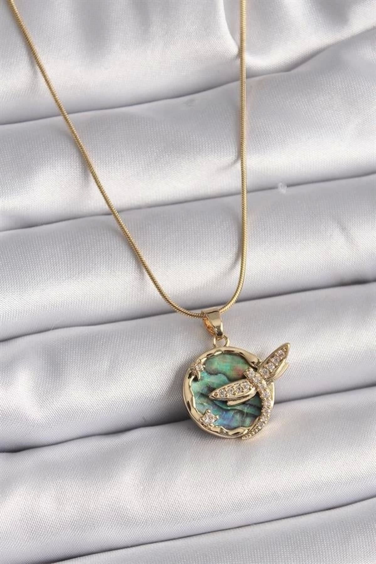 Lale Moda 316L Çelik Gold Renk Zincir Zirkon Taşlı Yusufçuk Model Kadın Kolye