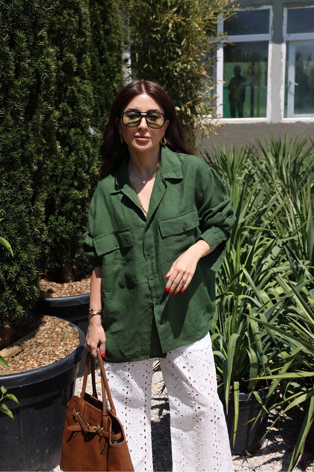 Özge Özgenç Çift Cepli Oversıze Keten Dokulu Gömlek