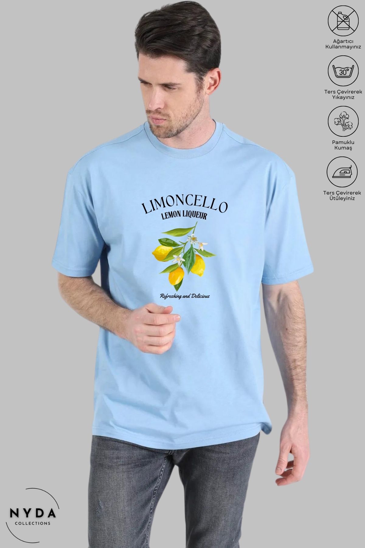 Nyda Collections Unisex Bisiklet Yaka Limon Baskılı Pamuk Oversize Kısa Kollu Tişört