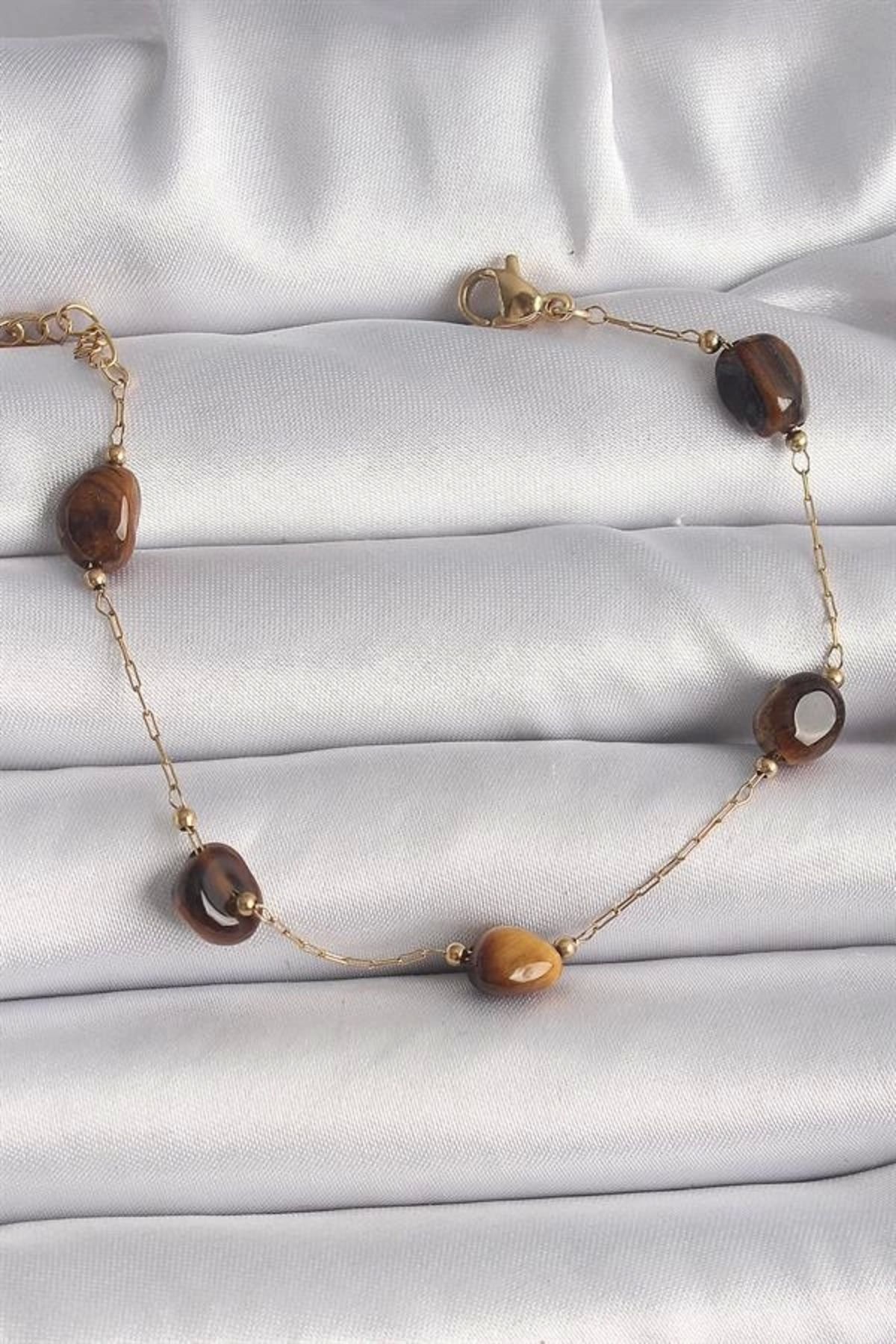 Lale Moda 316L Çelik Gold Renk Zincir Kahverengi Doğaltaş Model Kadın Bileklik