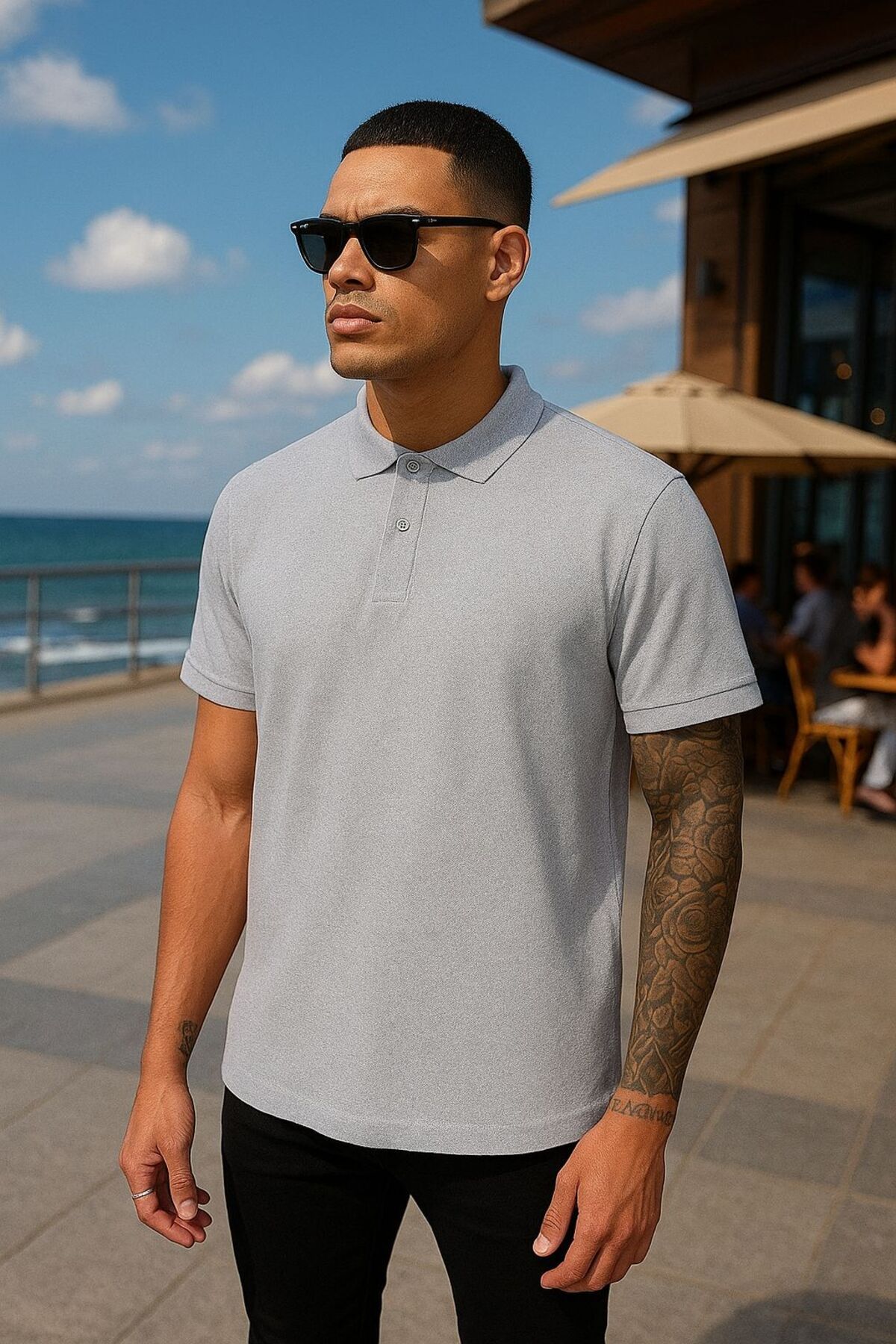 EKZMODA Regular Fit Gri Erkek Polo Yaka T-shirt - Erkek T-shirt - Polo Yaka Tisort Erkek