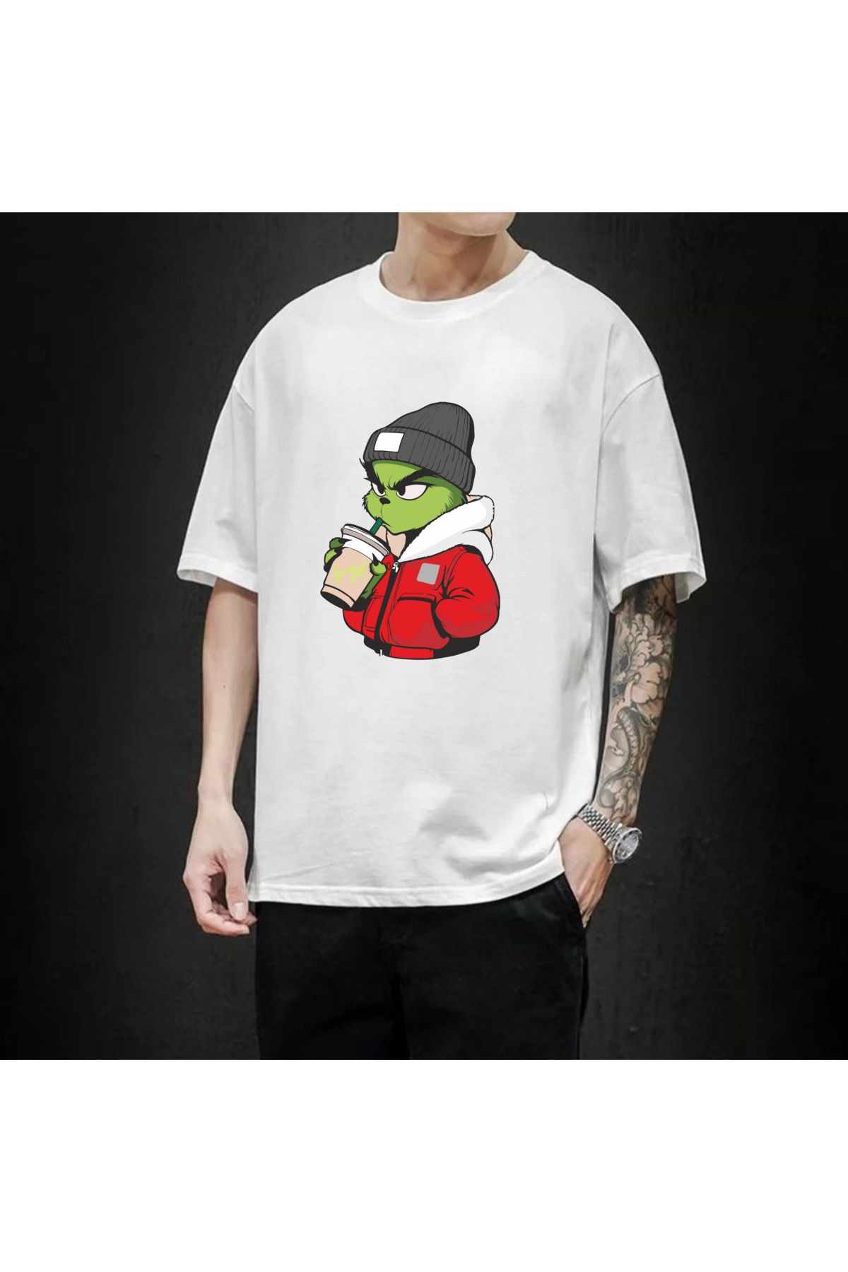 Store Unisex Özel Tasarım Beyaz Yeşil Adam Baskılı T-Shirt
