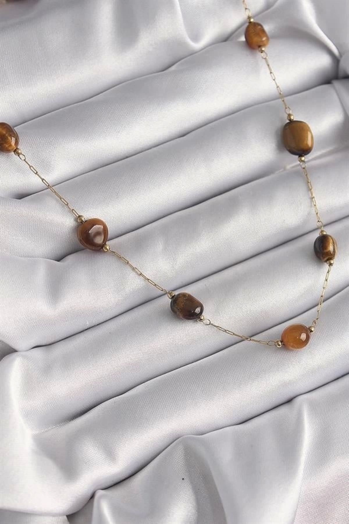 Lale Moda 316L Çelik Gold Renk Zincir Kahvrengi Doğaltaş Model Kadın Kolye