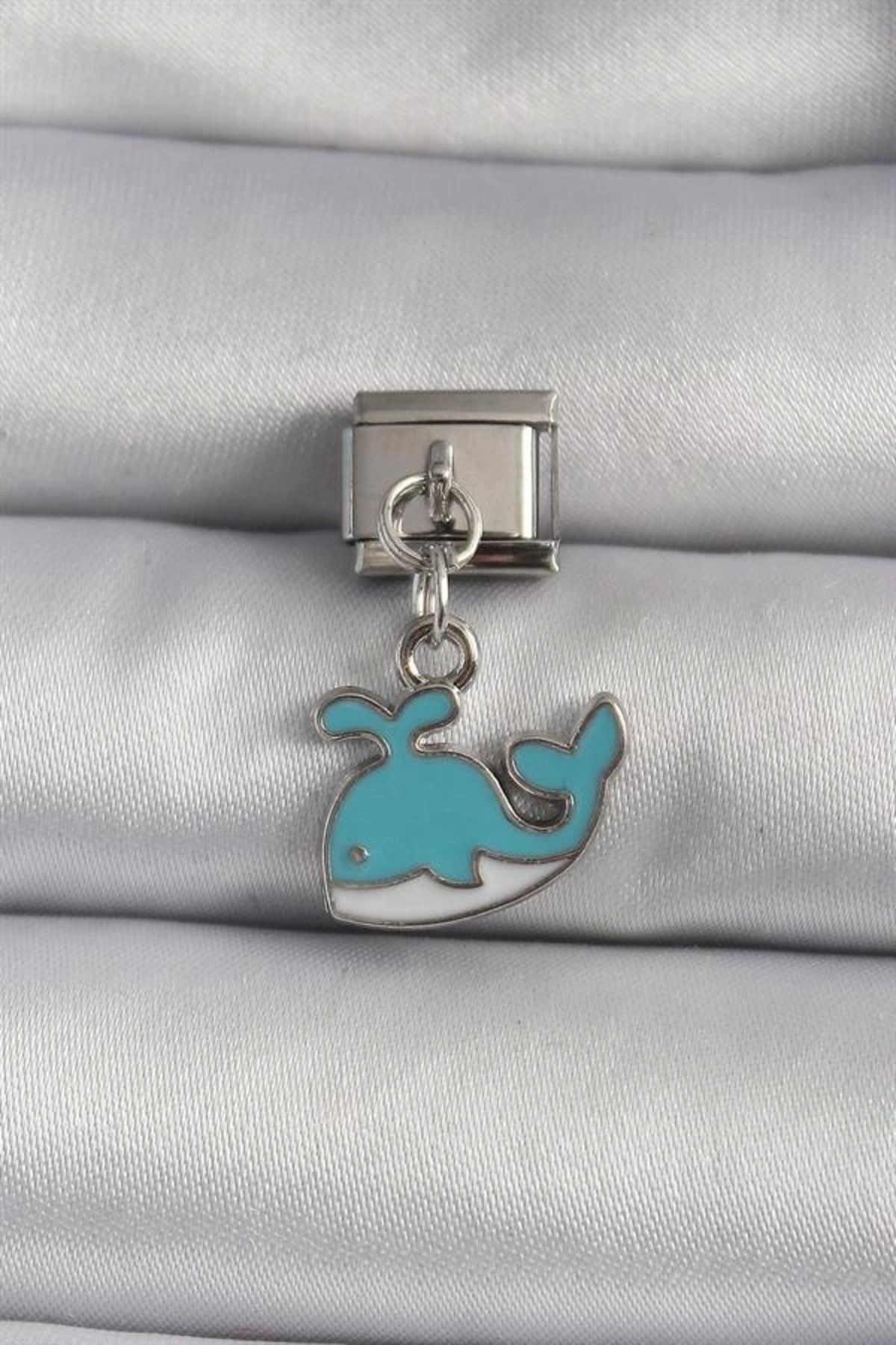 Lale Moda 316L Çelik Gümüş Renk Sallantı Mavi Balina Model Nomination Charm