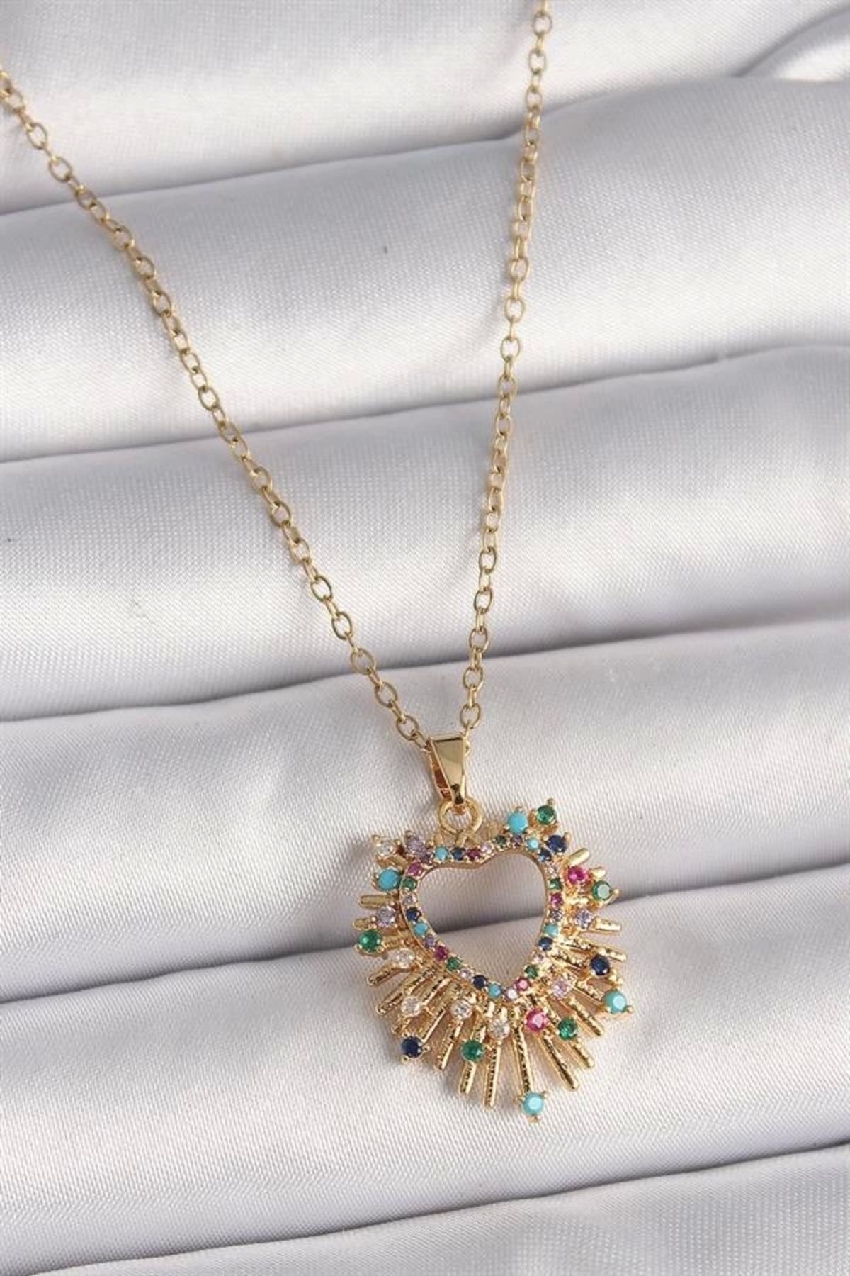 Lale Moda 316L Çelik Gold Renk Zincir Renkli Zirkon Taşlı Kalp Model Kadın Kolye