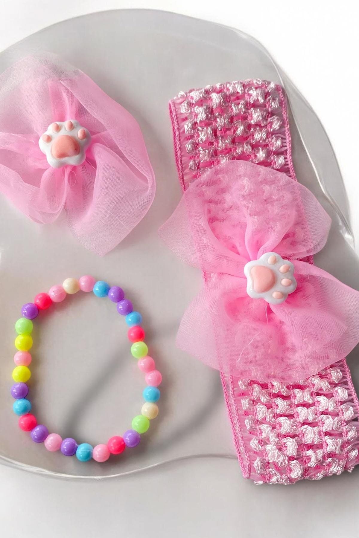TAKIŞTIR Pembe Renk Pati Figürlü Saç Bandı,Yan Toka,Bileklik Set