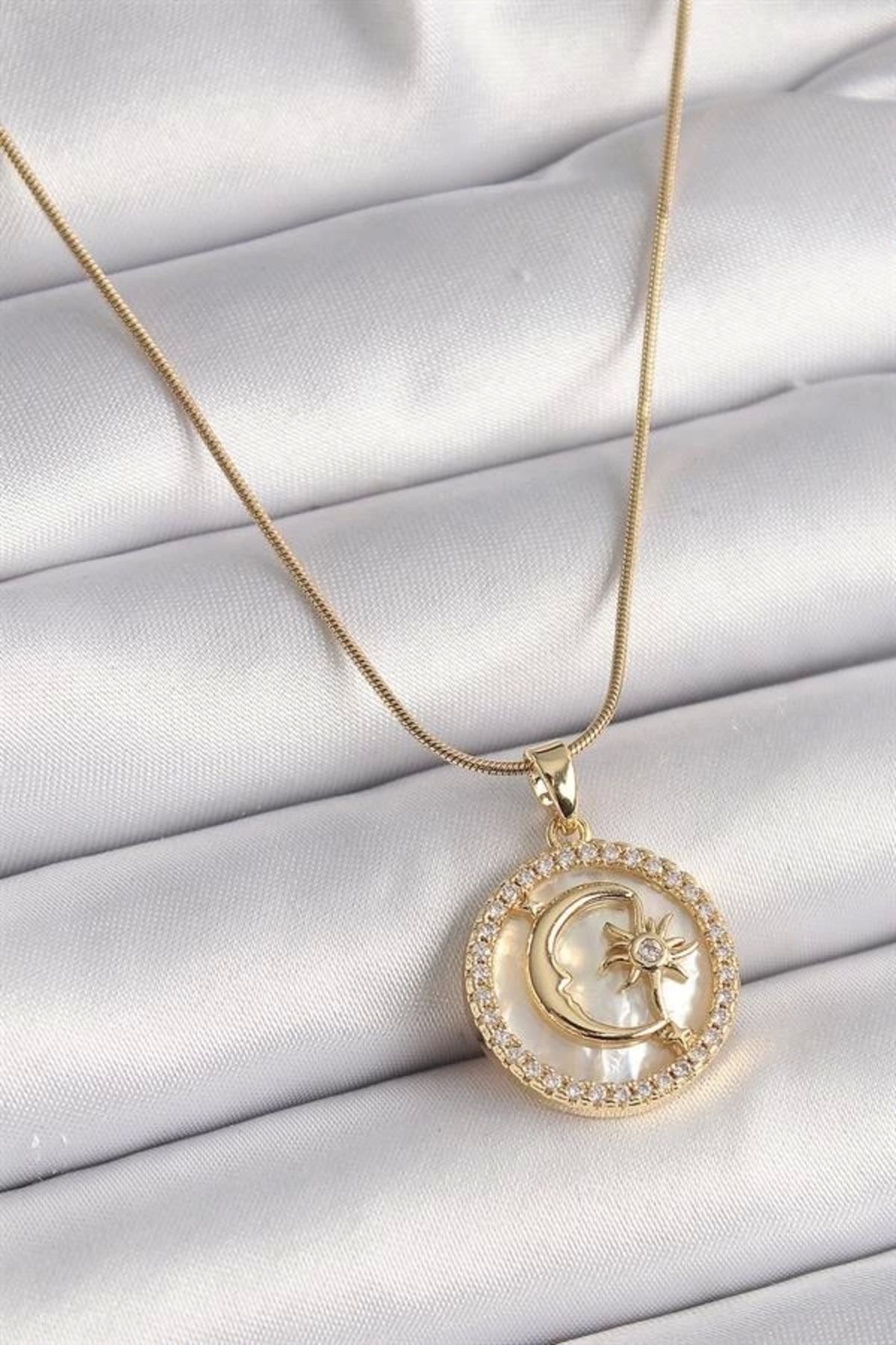 Lale Moda 316L Çelik Gold Renk Zincir Zirkon Taş Detaylı Beyaz Sedefli Ay Yıldız Model Kadın Kolye