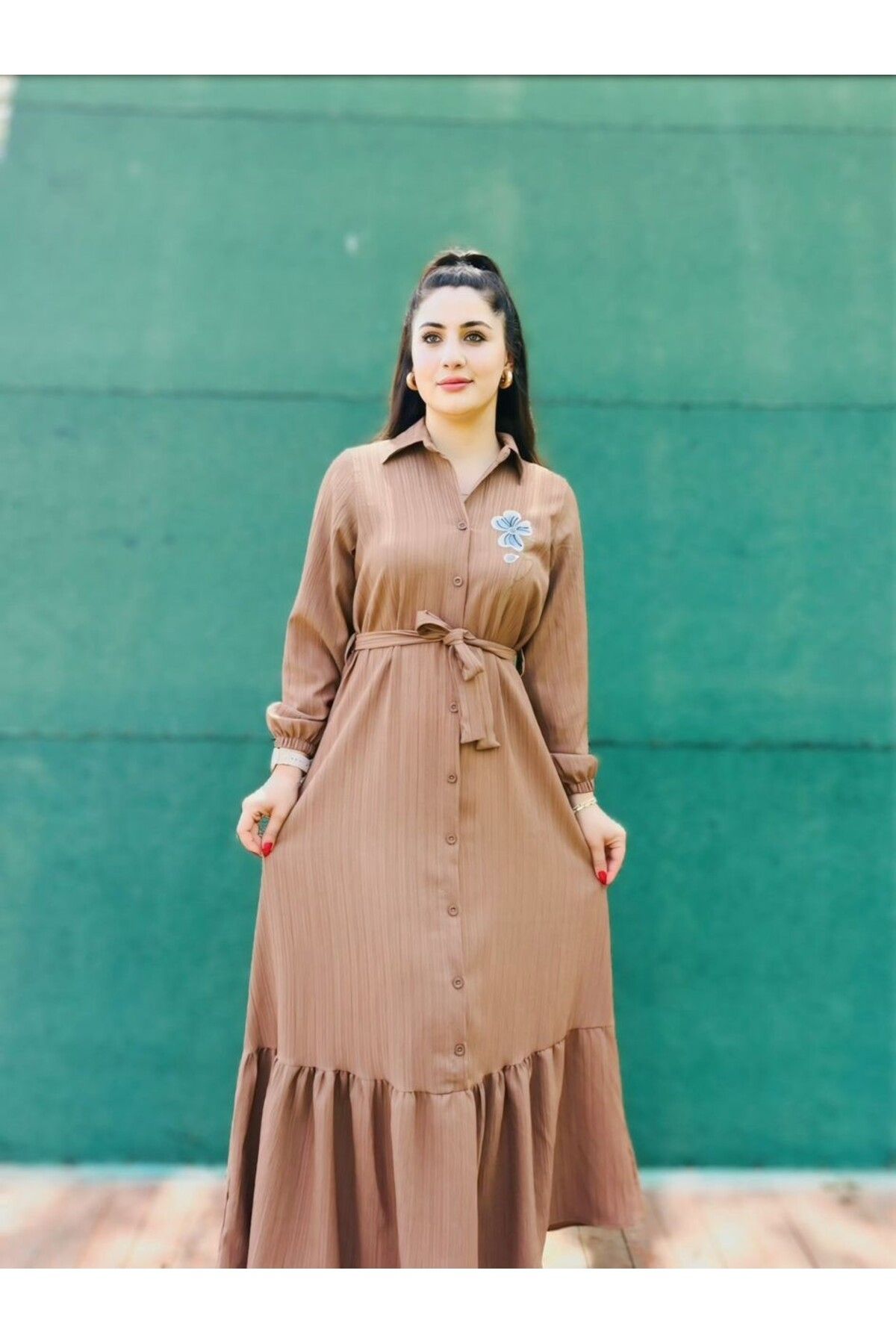 YAMANCAN MODA Kadın Fırfır Detaylı Kolu Lastikli Bürümcük Şık Elbise