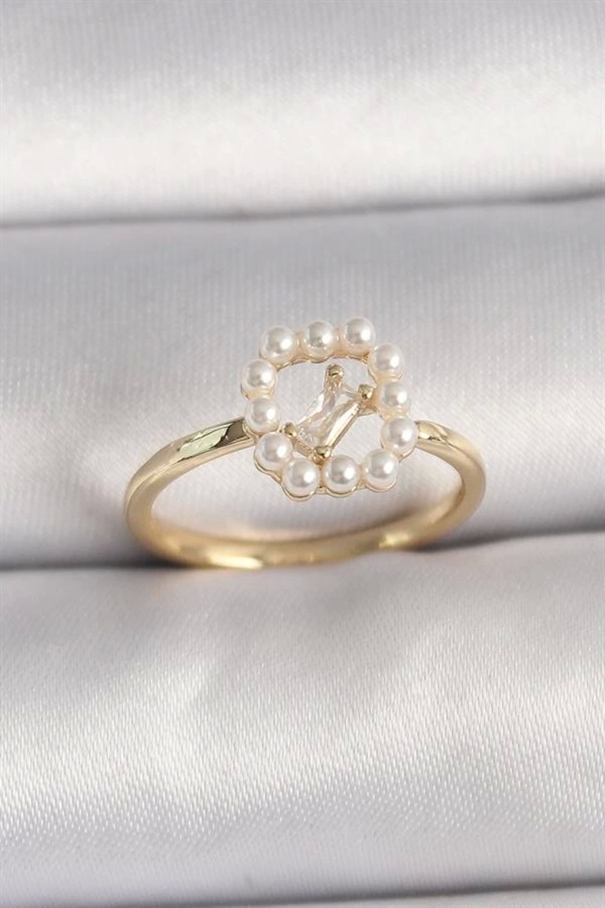 Lale Moda Pirinç Gold Renk Zirkon Taş Detaylı İncili Ayarlanabilir Yüzük