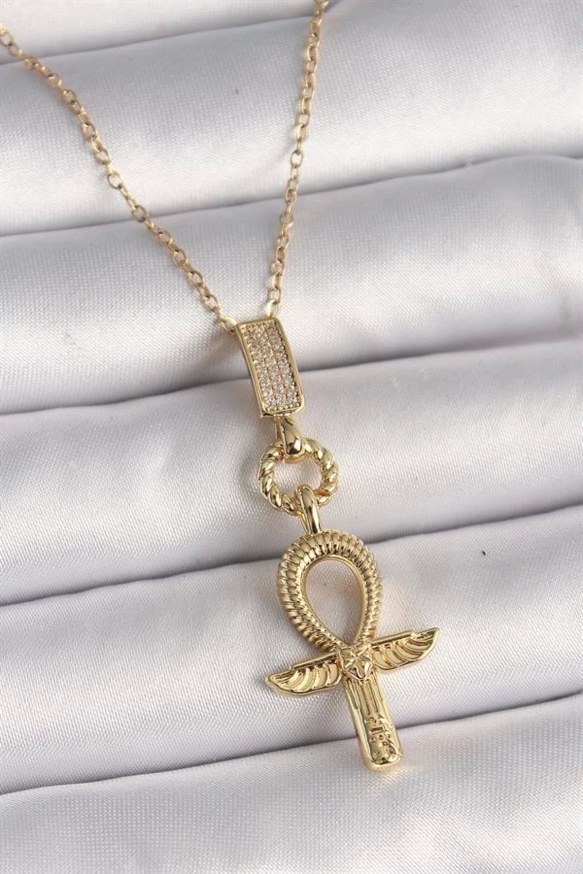 Lale Moda 316L Çelik Gold Renk Zincir Zirkon Taşlı Ankh Model Kadın Kolye