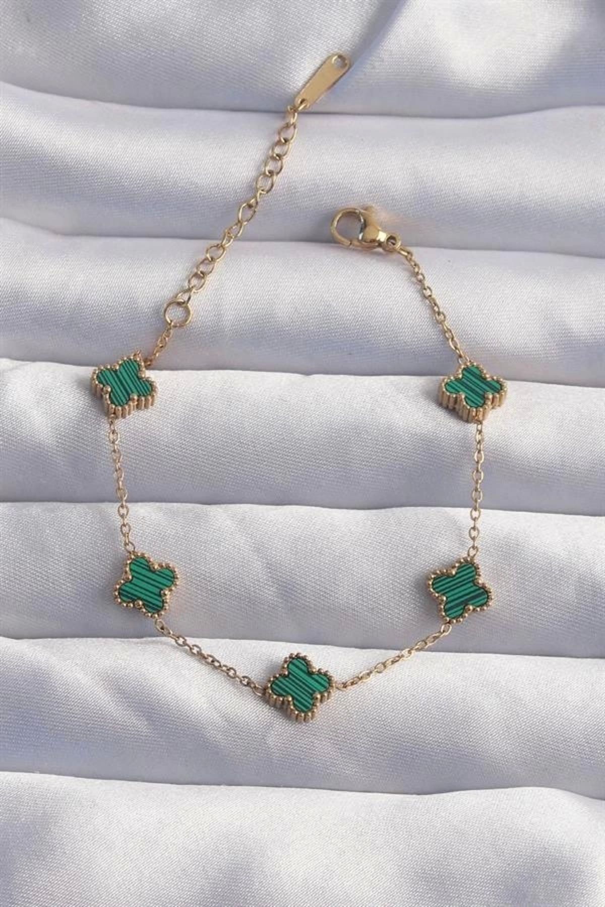 Lale Moda 316L Çelik Baby Boy Gold Renk Çizgili Yeşil Mineli Yonca Bileklik