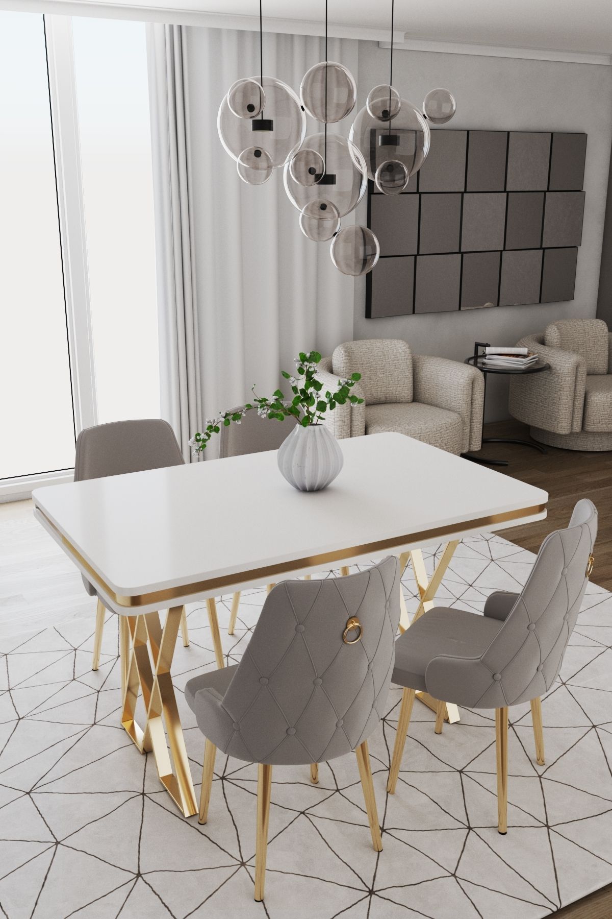 DEREN HOME Rio Gold Serisi 80x130 masa + 4 Adet Metal Ayaklı Silinebilir Kumaş Gri