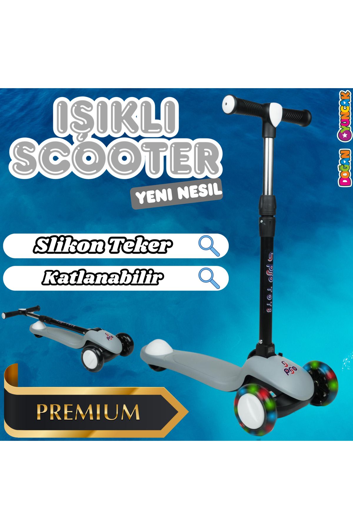 Doğan Oyuncak Dünyası Lupa Katlanabilir Işıklı 3 Tekerlekli Gri Scooter - Işıklı Scooter - Slikon Teker Scooter - Çocuk Sc