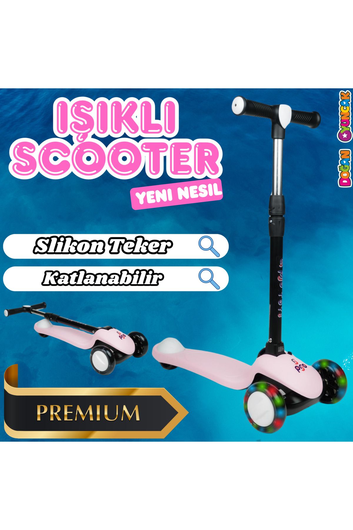 Doğan Oyuncak Dünyası Lupa Katlanabilir Işıklı 3 Tekerlekli Pembe Scooter - Işıklı Scooter - Slikon Teker Scooter - Çocuk