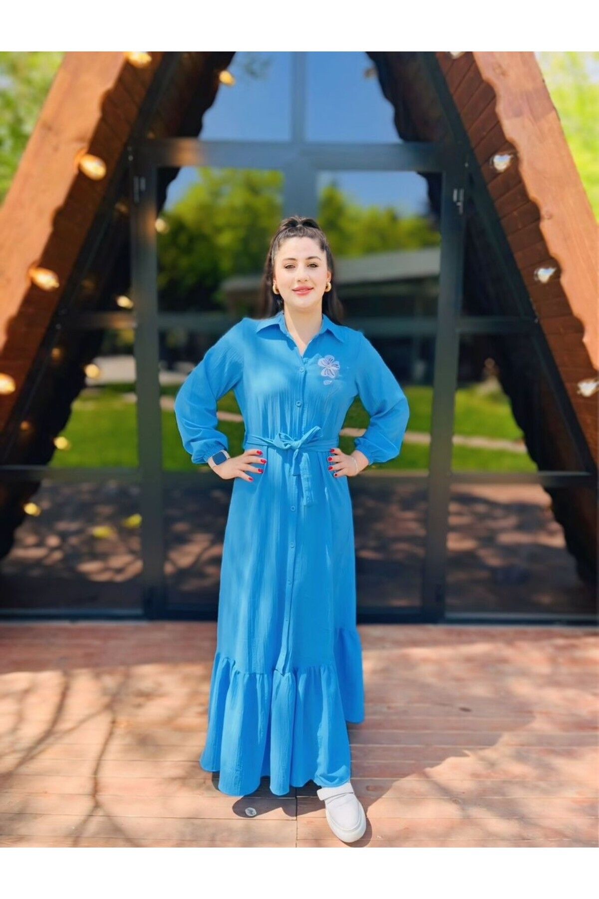 YAMANCAN MODA Kadın Fırfır Detaylı Kolu Lastikli Bürümcük Şık Elbise