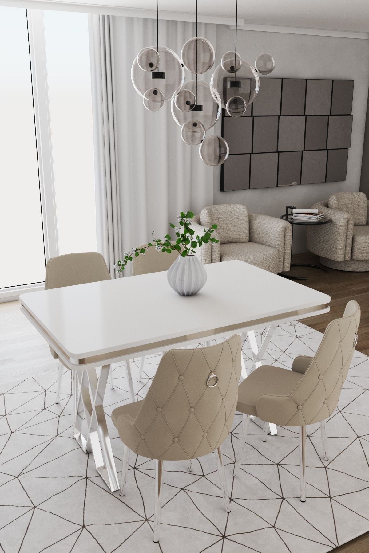 DEREN HOME Rio Serisi 80x130 MDF masa + 4 Adet Metal Ayaklı Sandalye Silinebilir Kumaş Kapiçino