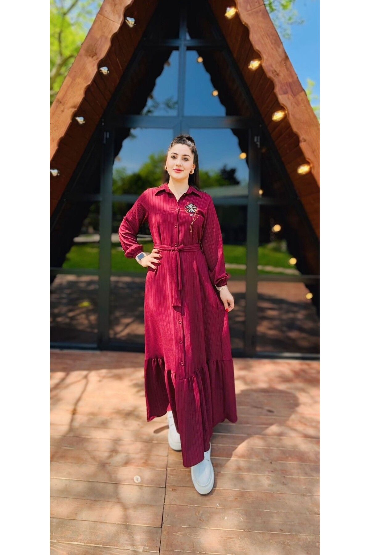 YAMANCAN MODA Kadın Fırfır Detaylı Kolu Lastikli Bürümcük Şık Elbise