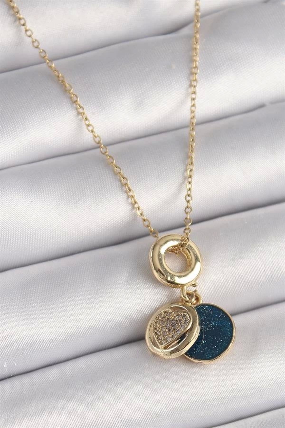 Lale Moda 316L Çelik Gold Renk Zincir Zirkon Taşlı Kalp Model Mavi Simli Kadın Kolye