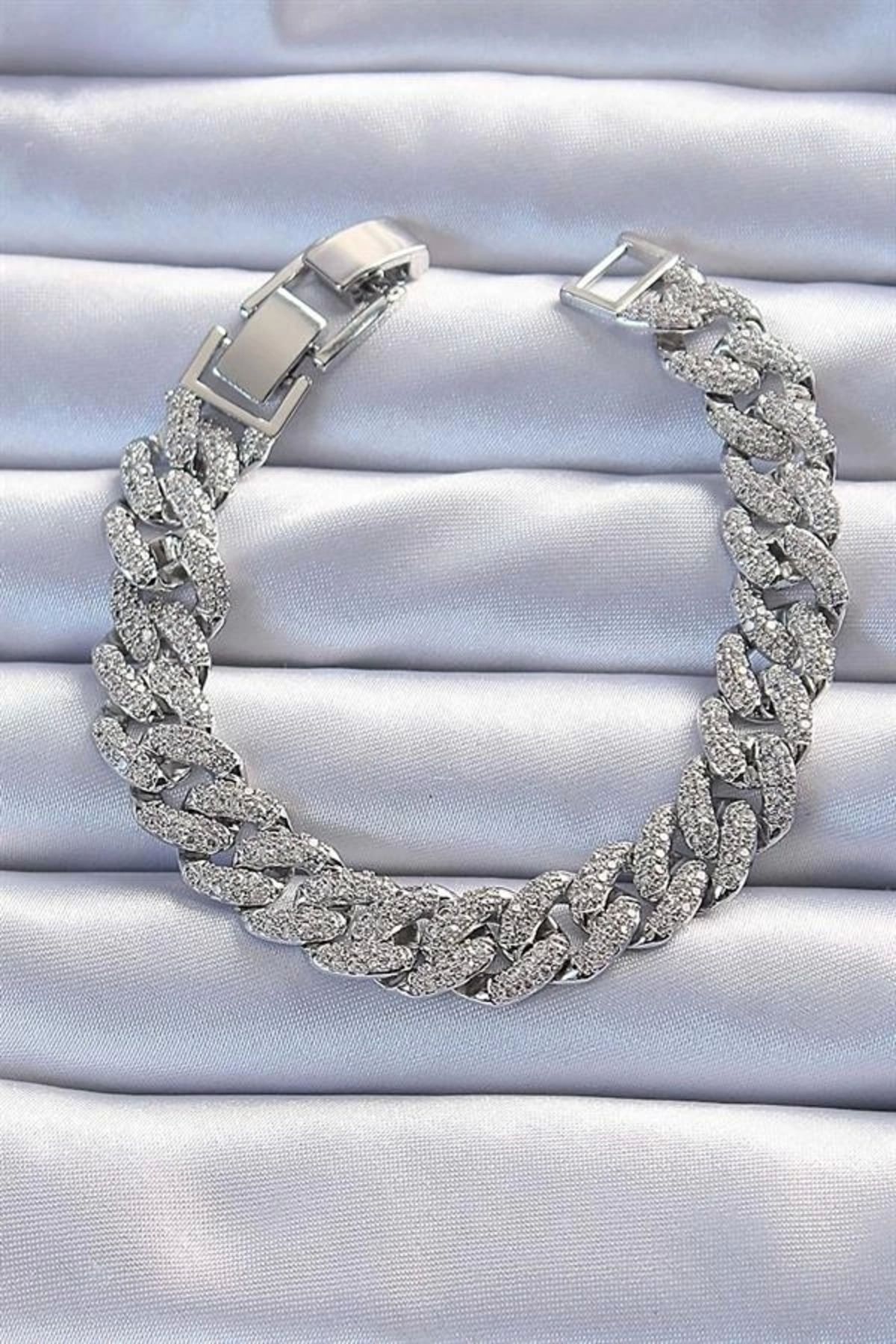 Lale Moda Pirinç Gümüş Renk Zirkon Taşlı Gurmet Bileklik