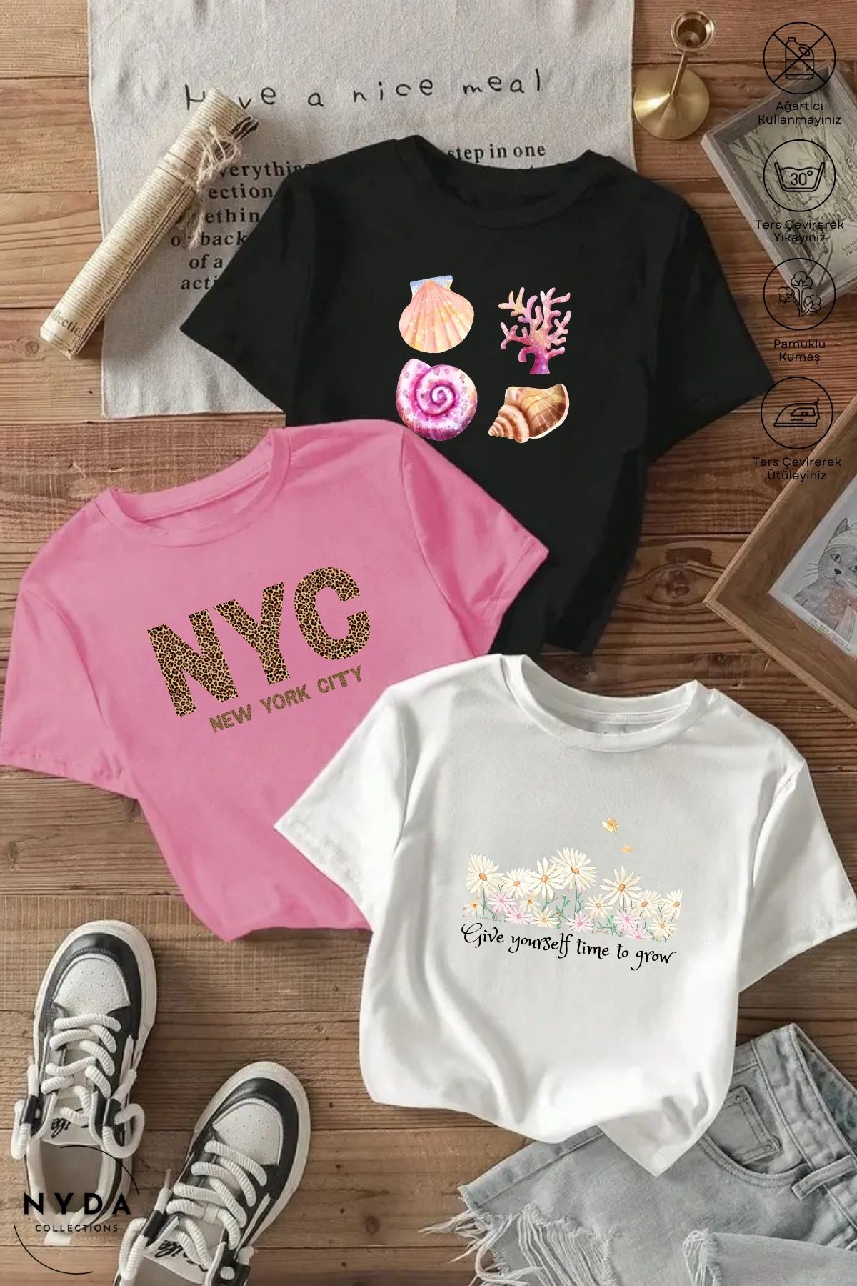 Nyda Collections Kadın Bisiklet Yaka Baskılı Pamuk Oversize 3lü Renkli Kısa Kollu Tişört Takım