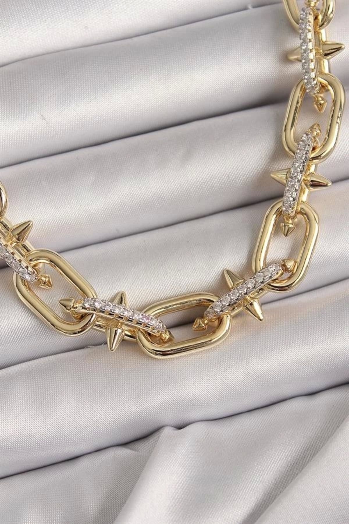 Lale Moda Pirinç Gold Renk Zirkon Taşlı Dikenli Halka Model VIP Exculusive Seri Kadın Kolye