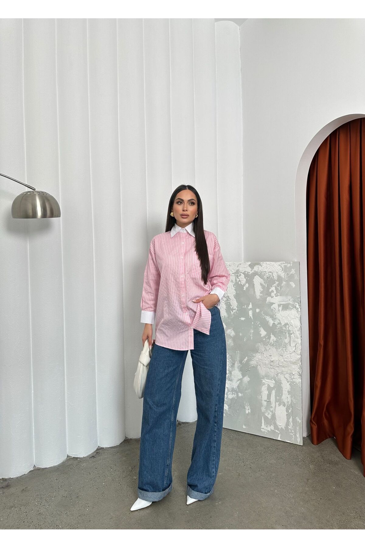 mafdress Kadın Pembe Çizgili Gömlek