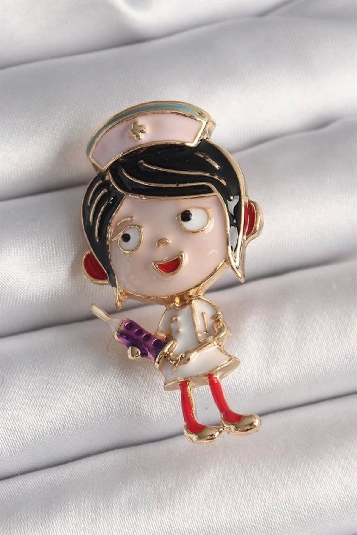 Lale Moda Pirinç Gold Renk Renkli Hemşire Model Kadın Broş