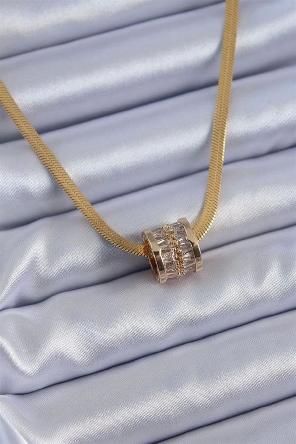 Lale Moda 316L Çelik Gold Renk İtalyan Zincir Model Zirkon Taşlı Kadın Kolye