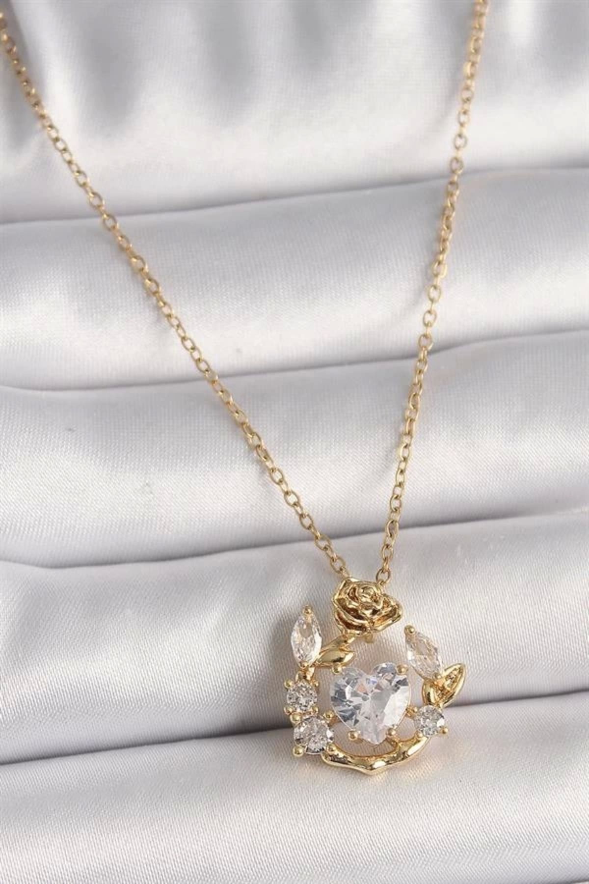 Lale Moda 316L Çelik Gold Renk Zincir Zirkon Taşlı Kalp Model Gül Detay Kadın Kolye
