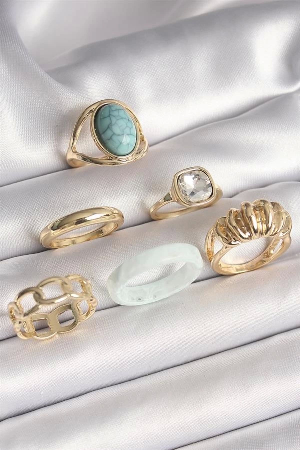 Lale Moda Pirinç Gold Renk Kare Zirkon Taşlı Sarmal Model Mavi Taş Detay 6'Lı Kadın Yüzük Seti