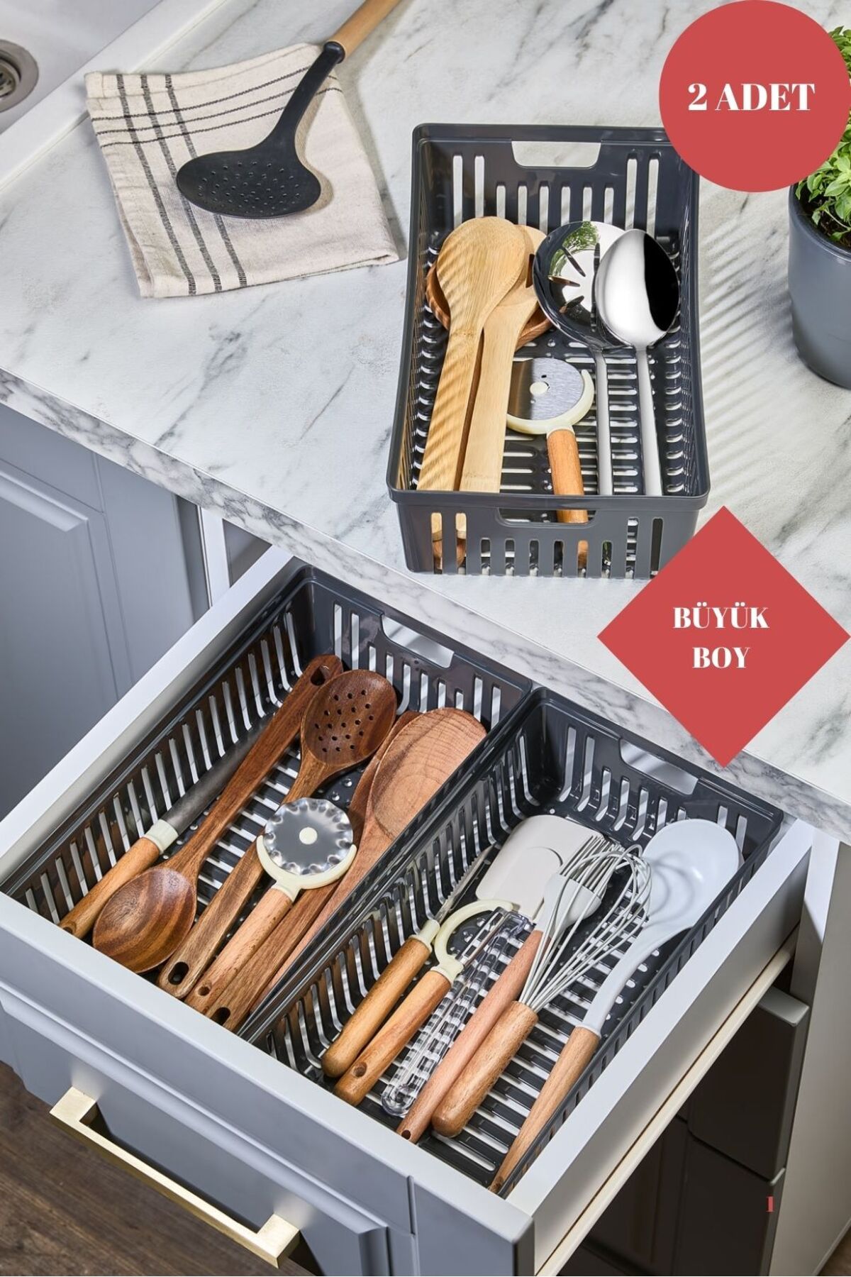 ALP HOME Büyük Boy Antrasit 2'Li Set Modüler Kaşıklık Ve Kepçelik Çekmece Içi Düzenleyici Mutfak Organizer
