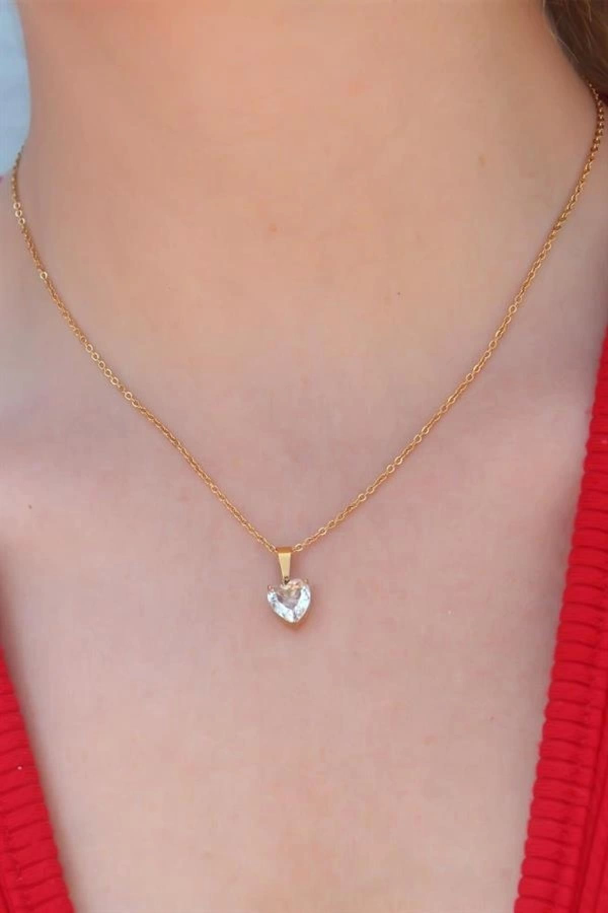 Lale Moda 316L Çelik Gold Renk Kristal Kalp Figür Kadın Kolye